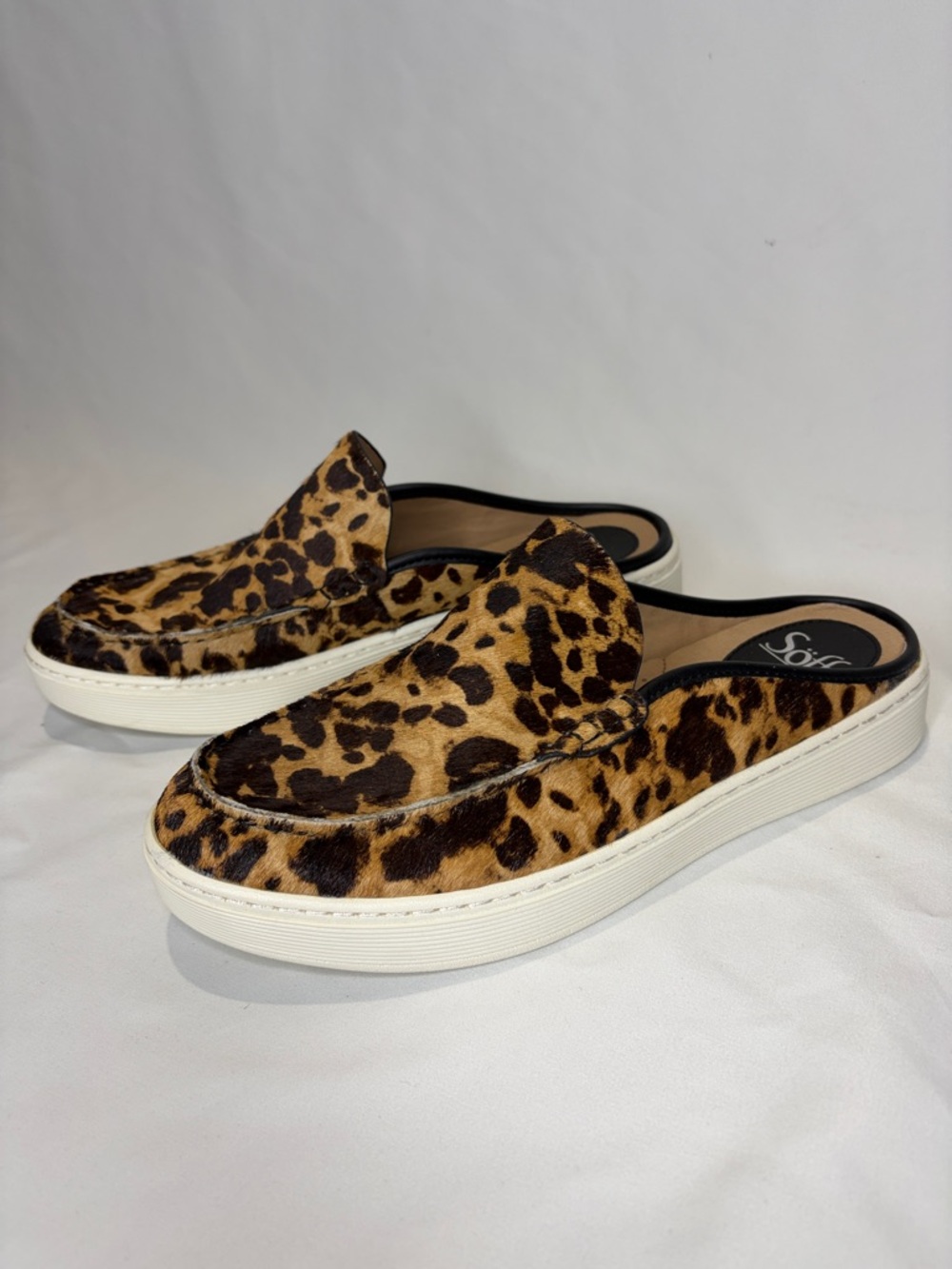 Sofft Leopard Print Cow Hair Leather Slip-On Mules Women’s 8.5
